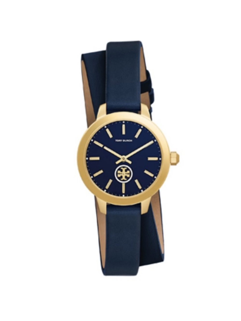 Tory Burch Navy Dial Gold-Tone Round Watch with Wrap Leather Strap